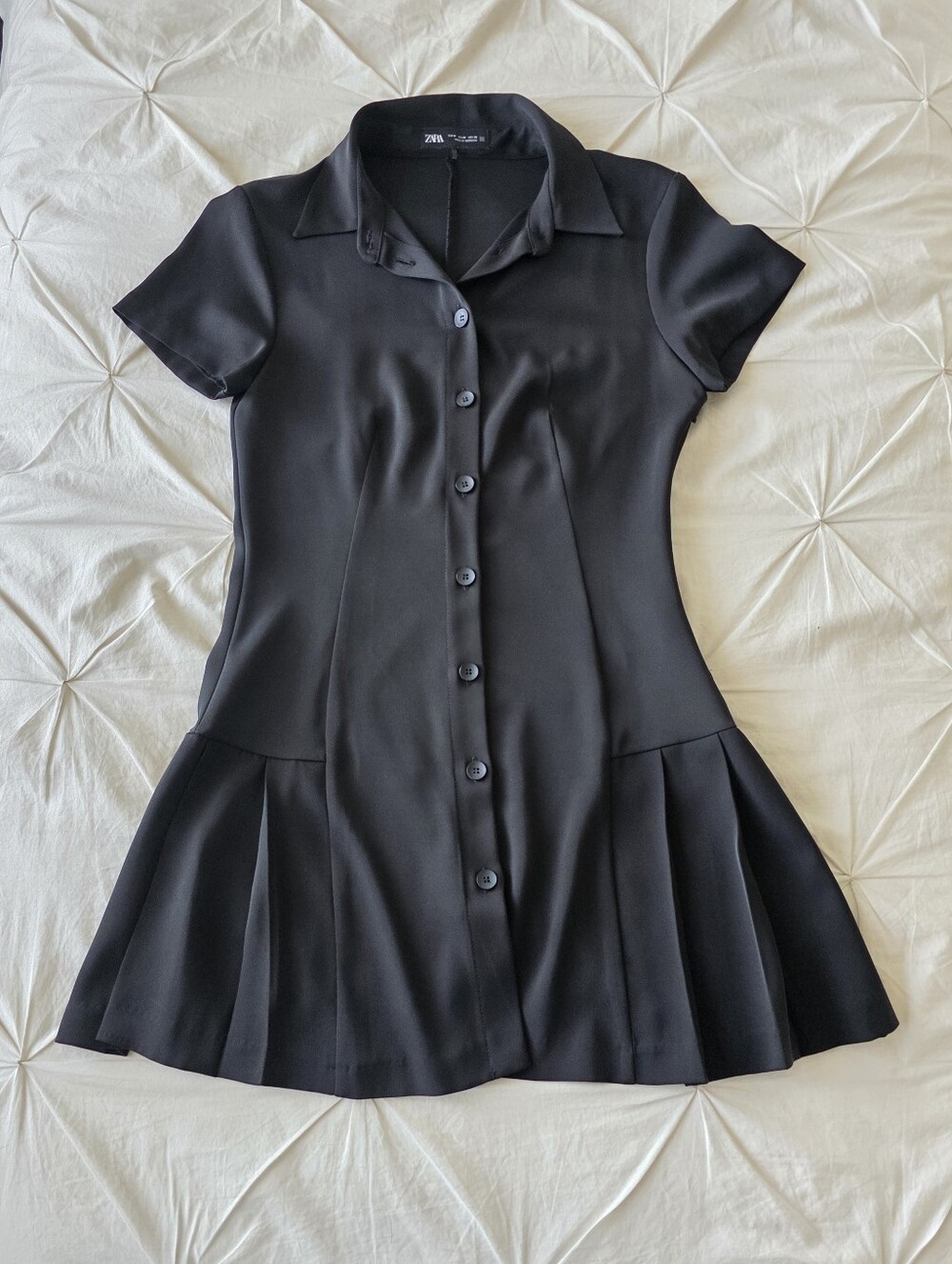 Zara Mini Shirt Dress Black Collared Button Front Pleated Hem